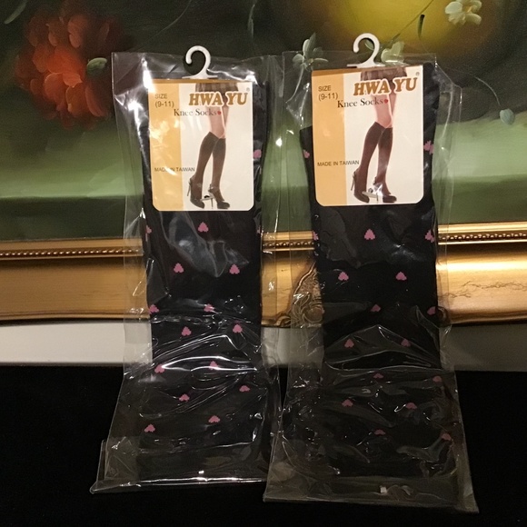 2 NWT Hwa Yu Women Pink Hearts KNEE HIGH Thigh High Socks 9-11 Made in Taiwan - Picture 1 of 2